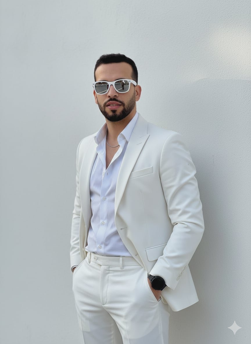 AI Generated Image - ‏A stylish man in a sleek, all-white outfit pose...