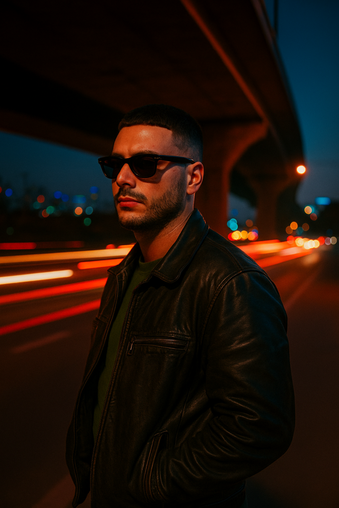 AI Generated Image - Backlit portrait of me under an overpass at twilig...