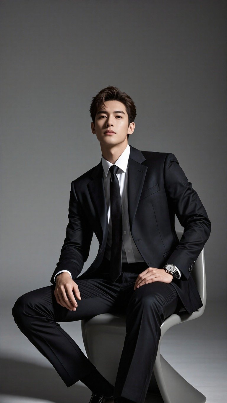 AI Generated Image - A stylish man in a black tailored suit and tie, si...